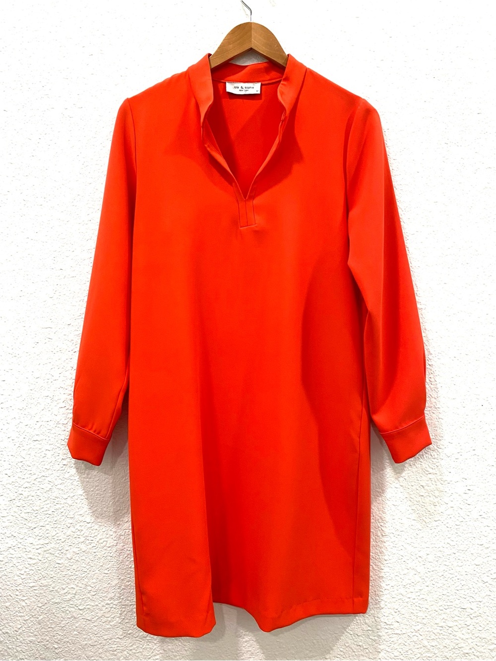 Lola & Sophie New York Orange Red Shirt Dress M Long Sleeve V Neck Shift Chic - Picture 2 of 8